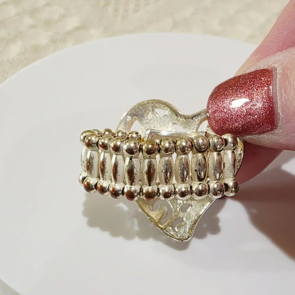 Vintage Silver Filigree Rhinestone Accent HEART Adjustable Fashion Ring SZ 9.5+